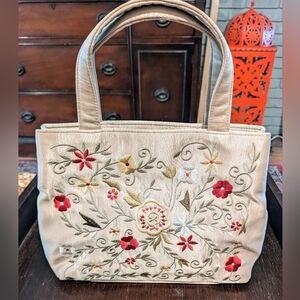 Frankie & Johnnie Floral Tan Embroidered Silk Shantung Fabric Handbag
